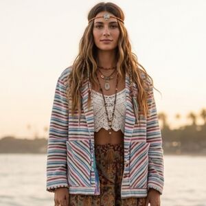 NWT Zara L Boho Coastal Hippie Lagenlook Neon Rainbow Stripes Gauzey Open Blazer